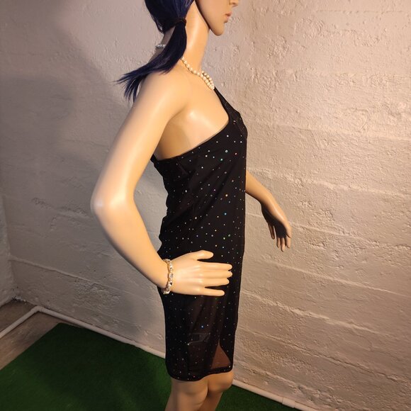 Shein Black One Shoulder Sheer Sequin Diamonds Over-lay Dress Bodysuit Size L - Picture 2 of 11